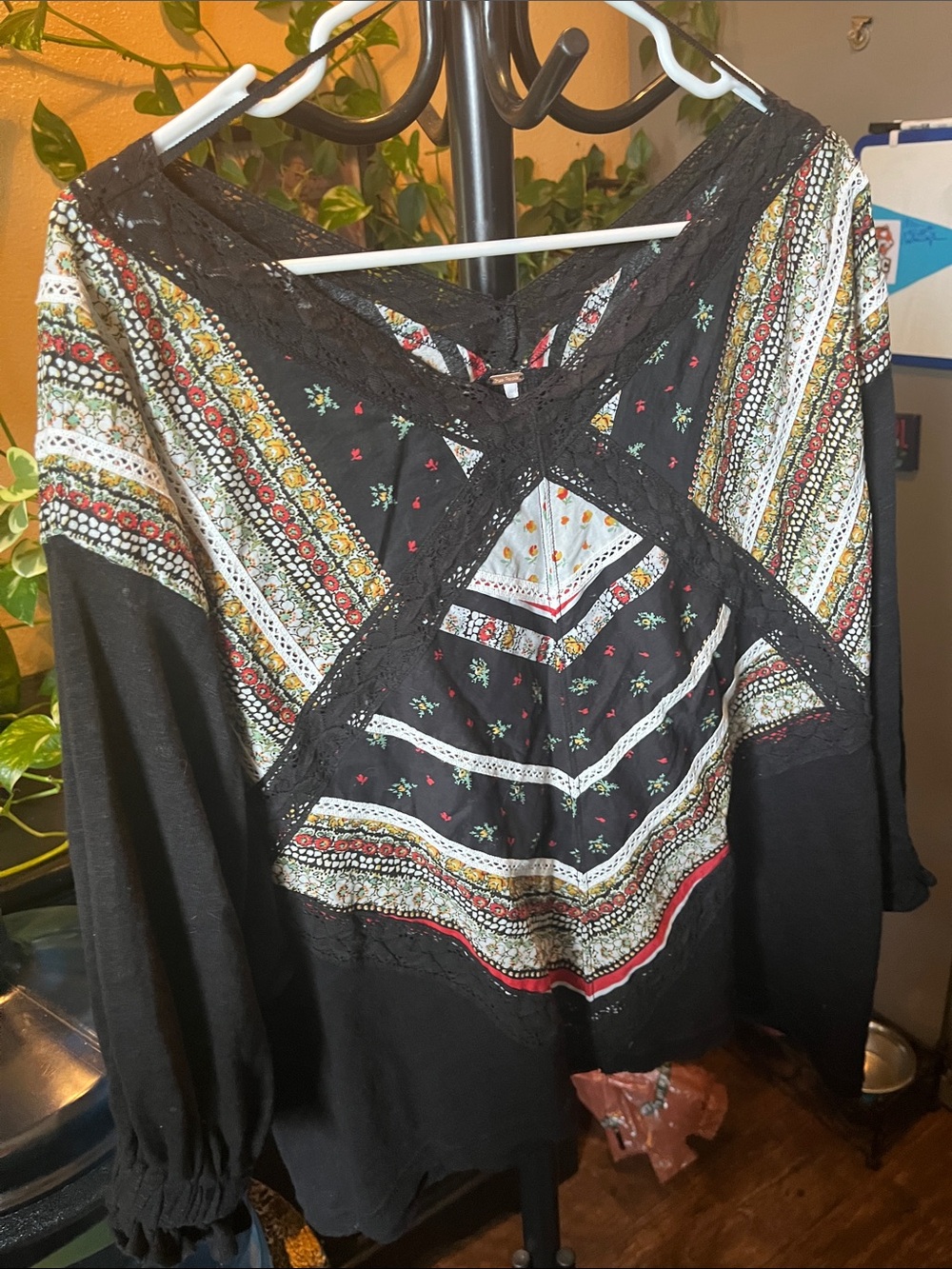 Free People Black Boho Tunic with Multicolor Floral Stripes